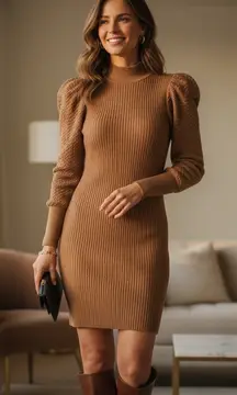 alice + olivia Caleb Puff Sleeve brown ribbed Fitted Chic Sweater Dress Medium