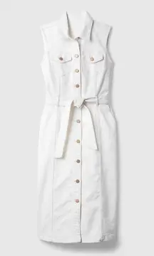 Gap Cotton Sleeveless Collared Button Front Belted Denim Midi Dress White 2