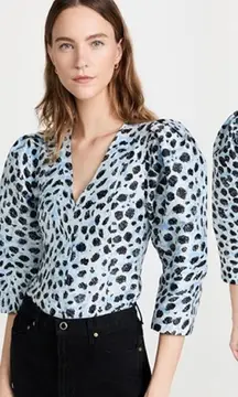 GANNI NWT Jacquard V-Neck Puff Sleeve Blouse‎ in Leopard Print Size 34 XS