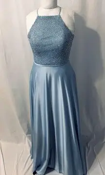 La Femme  LIGHT BLUE BEADED HIGH NECK CUT OUT SATIN A-LINE FORMAL MAXI PROM DRESS