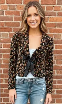 FREE PEOPLE Vintage Boho Black Floral Velvet Crop Tie Front Cottagecore Jacket S