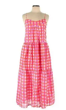 NWT J.Crew x SZ Blockprints Tiered Midi in Vibrant Pink Orange Gingham Dress L