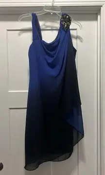 R&M Richards Embellished One Shoulder Chiffon Dress Size 14 Blue Ombré Cocktail