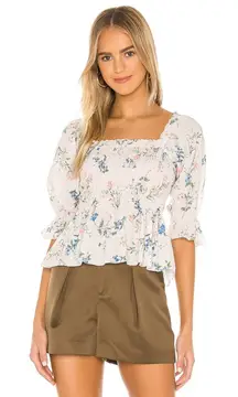 Saylor Clover Blouse Cream Multi Floral Smocked Peplum Cottage Chic Size M