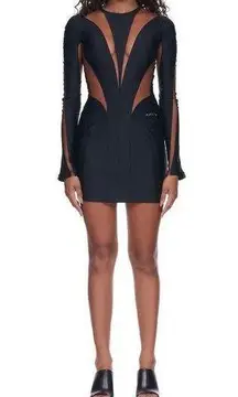 MUGLER Cutout Illusion Panel Long Sleeve Minindress Black Nude Size 6 (38)