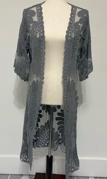 Rebellion Mesh Lace Crochet Duster Open Sheer Cardigan Heather Grey Sz M