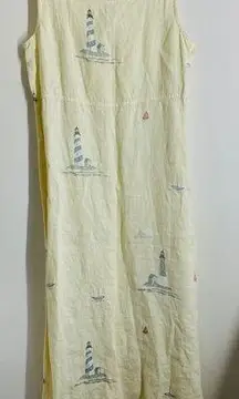 Mill Valley Vintage Linen Maxi Dress Sailboat Lighthouse Print Yellow size S