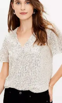 LOFT Shimmery Sequins V Neck Short Sleeve Top Shirt Ivory Size S Party Cocktail