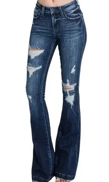 Petra 153 Denver Bells Flared Jeans Distressed Mid Rise Dark Wash Cotton Blue 27