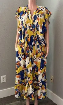 Anthropologie Cassandra maxi Maeve DressYellow Blue Birds Short Sleeves X-Large