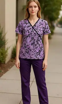 Absolute Womens Purple Floral Scrub Top (M)  And Cherokee Purple Scrub Pants (S)