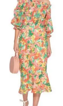 SALONI Grace Off-The-Shoulder Eyelet Midi Dress in Pink and Yellow Floral