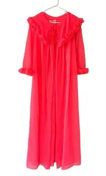 Vintage 60’s Peignoir Chiffon Robe Hot Coral Pink Ruffles Size Small ILGWU Union