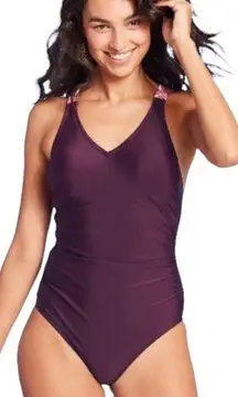 NWOT Dark Purple Crisscross Tri-Color Strap Strappy One Piece Swimsuit New