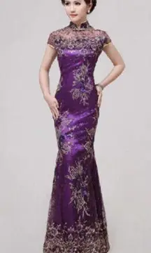 Embroidered‎ Cheongsam Dress Lace Sheer purple dress