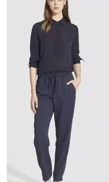 Vince Mixed Media Jumpsuit 8 Silk Long Sleeve Tapered Leg Drawstring Navy Blue