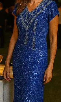 Relin Vintage Blue Sequin Maxi Dress Formal Gown Beaded 100% Silk Dynasty 1980s