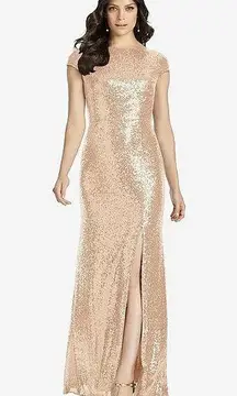 NWT Dessy Collection 3043 Cap Sleeve Cowl Back Sequin Gown Dress Rose Gold