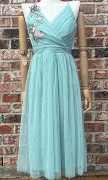 NWT Little Mistress petite spaghetti strap blue floral tulle layered formal gown