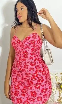 zara pink red floral print ruched party body on mini dress