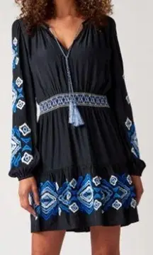 Marie Oliver Kira Ikat Embroidery Long Sleeve Mini Dress Black/Blue Womens P / S