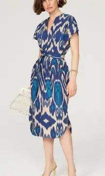 VANESSA BRUNO Blue Printed 100% Cotton V-Neck Belted Amarillo Dress Size 42