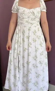 Hollister Large Tall Ruched Waist Midi Dress White Green Floral Cottagecore