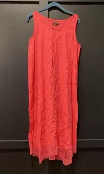 For Cynthia Linen Blend Asymmetrical Mesh Hem Sleeveless Midi Maxi DressCoral M