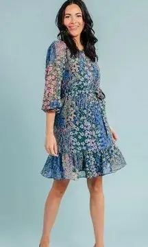 RACHEL PARCELL Garden Blue Floral Shirt Dress Midi Chiffon Tie Waist Size 12 New