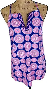 Mud Pie Waverly Pinwheel Print Racer Back Tank Top Blue Pink Small