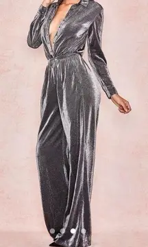 House of CB Beatriz Silver Metallic Sparkly Button Front Long Sleeve Jumpsuit