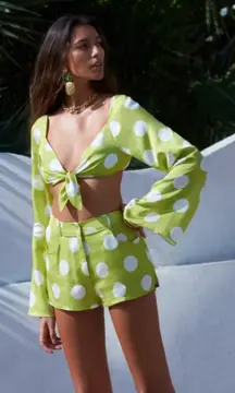 For Love & Lemons Galia Green & White Polka Dot Tie Front Crop Top S NWT