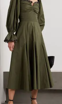 Lug Von Siga Army Green Serena Ruffle Cotton Poplin Midi Dress Size 6