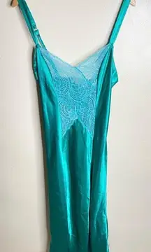 Vintage 80s emerald green sheer lace satin high slit bias cut slip maxi dress