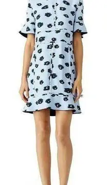 Proenza Schouler Size 4 Dress Blue Abstract Print Crepe Ruffle Trim Short Sleeve