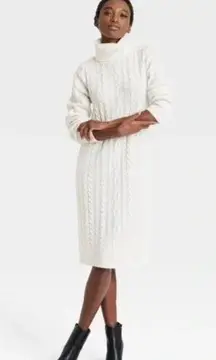 A New Day Turtleneck Long Sleeve Cozy Sweater Dress Cable Knit Ivory S