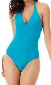 NWT Vilebrequin Solid Water Fames Deep V Halter Swimsuit in Seychelles Turquoise