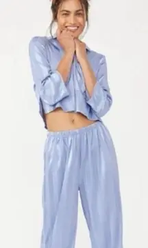 Free People Pajamas Party Sleep Hazy Blue Stripe Satin Pajamas TOP ONLY