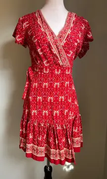 Boho Red Floral Wrap Dress Short Sleeve Tiered Ruffle Boho Mini cottage whimsi s