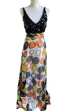 Tony Bowls  Dress Size 6 Silk Maxi Y2K Fairy Sequin Beaded Colorful Whimsical 90’