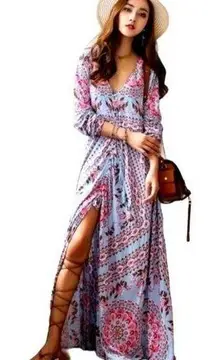 R. Vivimos Boho Maxi Long Sleeve Dress Size S Blue Floral Resort Beach V-Neck