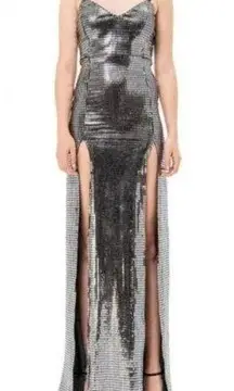 KikiRiki Shimmer Double High Slit Maxi Dress Silver Size Small NWT