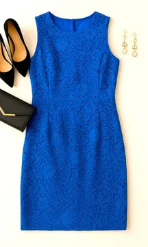 J.Crew Fall Lace Romantic Cobalt Blue Floral Sheath Dress 8 Wedding Guest Formal