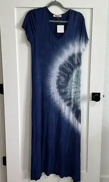 Mazik Women's M Short Sleeve Tie Dye Maxi Dress Blue V-nec Beach Resortwear New