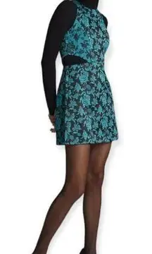 Anthropologie  Hutch Teal Floral Jacquard Cut-out Mini Dress Size 12 petite