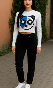 White and Blue Panda Graphic Crop Top