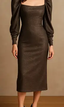 Reformation Bronze Metallic Gold Rahm Puff Sleeved Midi Dress‎