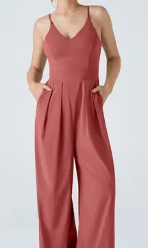 Halara Wide Leg Jumpsuit Orange Spaghetti Strap Pleated Pockets Size Medium