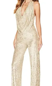 Curvy Plus XXL Gold Sexy Halter Cowl Neck Sparkly Jumpsuits Sleeveless Sequin