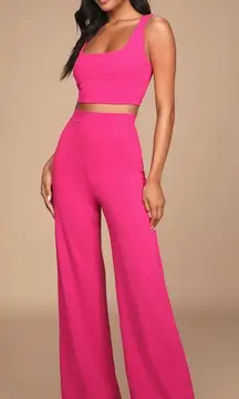 NWT Lulus Only Tonight Hot Pink Two-Piece Wide-Leg Jumpsuit 2PC Party Barbie L